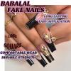 image:imageBABALAL Black and Gold Press on Nails Long Coffin Fake Nails Flower Print Design Trendy 24Pcs Glossy Bling Acrylic False NailsBNB204