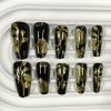 image:imageBABALAL Black and Gold Press on Nails Long Coffin Fake Nails Flower Print Design Trendy 24Pcs Glossy Bling Acrylic False NailsBNB21001