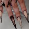 image:imageBABALAL Press On Nails Long Stiletto Fake Nails White Black Floral Print With Gold Charm Glossy Full Cover Glue On Nails For Women And Girls 24PcsANE07black