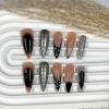 image:imageBABALAL Press On Nails Long Stiletto Fake Nails White Black Floral Print With Gold Charm Glossy Full Cover Glue On Nails For Women And Girls 24PcsANE05sliver