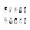 image:imageBABALAL Press On Nails Long Stiletto Fake Nails White Black Floral Print With Gold Charm Glossy Full Cover Glue On Nails For Women And Girls 24PcsANE05black