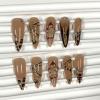 image:imageBABALAL Press on Nails  Long Stiletto Fake Nails Brown Cheetah French Tip Tortoise Flower Design 3D Handmade Acrylic Glue on Y2k Full Cover False nails with Rhinestone 24PcsANG20402
