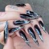 image:imageBABALAL Press On Nails Long Stiletto Fake Nails White Black Floral Print With Gold Charm Glossy Full Cover Glue On Nails For Women And Girls 24PcsANE02black