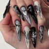 image:imageBABALAL Press On Nails Long Stiletto Fake Nails White Black Floral Print With Gold Charm Glossy Full Cover Glue On Nails For Women And Girls 24PcsANE01