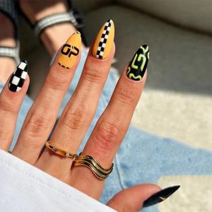 image:imageBABALAL Anime Press On Nails Medium Almond Fake Nails Yellow Red Summer Design Apple Flower Cartoon 24Pcs Glossy Acrylic False NailsBNSA106