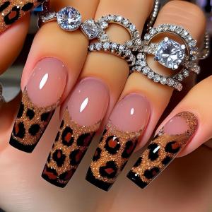 image:imageBABALAL Black and Gold Press on Nails Long Coffin Fake Nails Flower Print Design Trendy 24Pcs Glossy Bling Acrylic False NailsBNB202