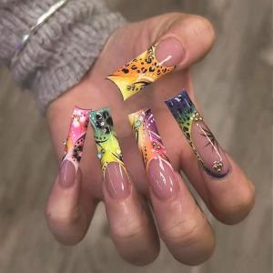 image:imageBABALAL Black and Gold Press on Nails Long Coffin Fake Nails Flower Print Design Trendy 24Pcs Glossy Bling Acrylic False NailsBNB208