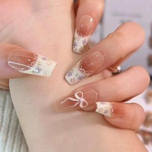 image:imageBABALAL Black and Gold Press on Nails Long Coffin Fake Nails Flower Print Design Trendy 24Pcs Glossy Bling Acrylic False NailsBNB21002