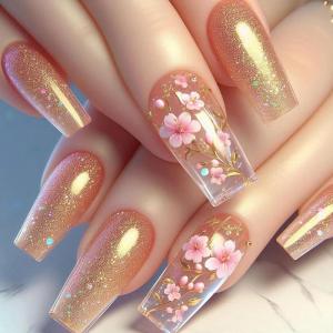 image:imageBABALAL Black and Gold Press on Nails Long Coffin Fake Nails Flower Print Design Trendy 24Pcs Glossy Bling Acrylic False NailsBNB213