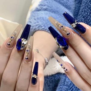 image:imageBABALAL Black and Gold Press on Nails Long Coffin Fake Nails Flower Print Design Trendy 24Pcs Glossy Bling Acrylic False NailsBNB214