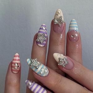 image:imageBABALAL Medium Almond Press on Nails  Green Spring Fake Nails Cat Eye Bling Design with Flower Trendy Full Cover Acrylic False Nails for Women Girls 24PcsANI0301
