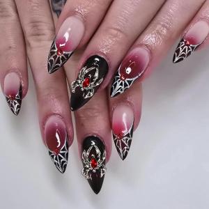 image:imageBABALAL Medium Almond Press on Nails  Green Spring Fake Nails Cat Eye Bling Design with Flower Trendy Full Cover Acrylic False Nails for Women Girls 24PcsANI03spider