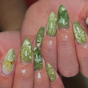 image:imageBABALAL Medium Almond Press on Nails  Green Spring Fake Nails Cat Eye Bling Design with Flower Trendy Full Cover Acrylic False Nails for Women Girls 24PcsANI0204