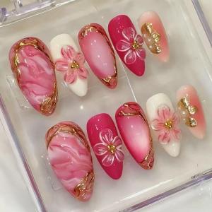 image:imageBABALAL Medium Almond Press on Nails  Green Spring Fake Nails Cat Eye Bling Design with Flower Trendy Full Cover Acrylic False Nails for Women Girls 24PcsANI0202