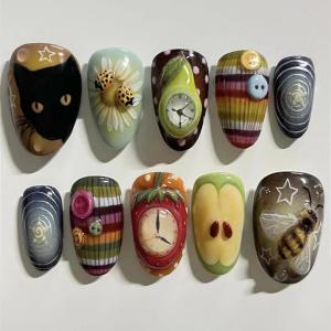 image:imageBABALAL Medium Almond Press on Nails  Green Spring Fake Nails Cat Eye Bling Design with Flower Trendy Full Cover Acrylic False Nails for Women Girls 24PcsANI03cat