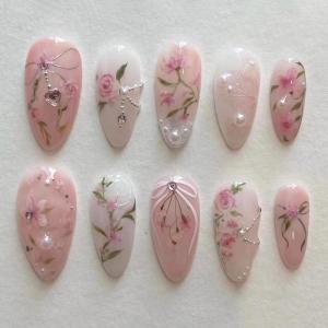 image:imageBABALAL Medium Almond Press on Nails  Green Spring Fake Nails Cat Eye Bling Design with Flower Trendy Full Cover Acrylic False Nails for Women Girls 24PcsANI02