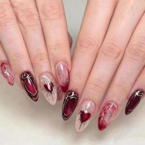 image:imageBABALAL Pink Press on Nails  Almond Medium Fake Nails Cat Eye Shiny Bling Design With Flower Charm 30Pcs Bling Manicure Acrylic False Nails for Women GirlsCNE005