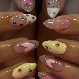 image:imageBABALAL Pink Press on Nails  Almond Medium Fake Nails Cat Eye Shiny Bling Design With Flower Charm 30Pcs Bling Manicure Acrylic False Nails for Women GirlsCNE019