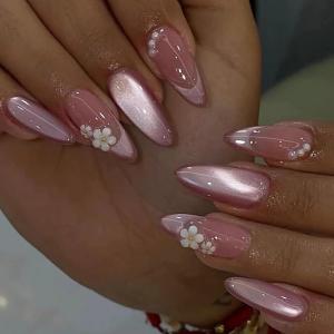 image:imageBABALAL Pink Press on Nails  Almond Medium Fake Nails Cat Eye Shiny Bling Design With Flower Charm 30Pcs Bling Manicure Acrylic False Nails for Women GirlsCNE009