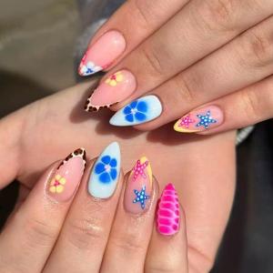 image:imageBABALAL Pink Press on Nails  Almond Medium Fake Nails Cat Eye Shiny Bling Design With Flower Charm 30Pcs Bling Manicure Acrylic False Nails for Women GirlsCNE020