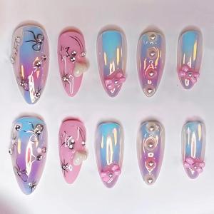 image:imageBABALAL Pink Press on Nails  Almond Medium Fake Nails Cat Eye Shiny Bling Design With Flower Charm 30Pcs Bling Manicure Acrylic False Nails for Women GirlsCNE011