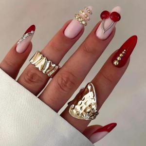 image:imageBABALAL Pink Press on Nails  Almond Medium Fake Nails Cat Eye Shiny Bling Design With Flower Charm 30Pcs Bling Manicure Acrylic False Nails for Women GirlsCNE003