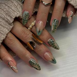 image:imageBABALAL Press On Nails Long Stiletto Fake Nails White Black Floral Print With Gold Charm Glossy Full Cover Glue On Nails For Women And Girls 24PcsANE05green