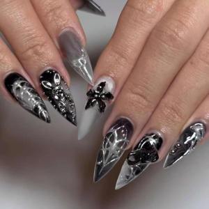 image:imageBABALAL Press On Nails Long Stiletto Fake Nails White Black Floral Print With Gold Charm Glossy Full Cover Glue On Nails For Women And Girls 24PcsANE03rb