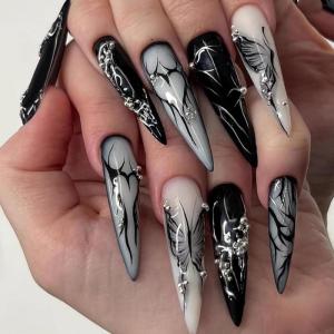 image:imageBABALAL Press On Nails Long Stiletto Fake Nails White Black Floral Print With Gold Charm Glossy Full Cover Glue On Nails For Women And Girls 24PcsANE01