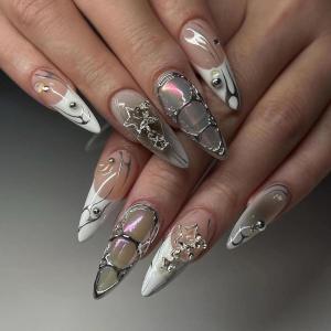 image:imageBABALAL Press On Nails Long Stiletto Fake Nails White Black Floral Print With Gold Charm Glossy Full Cover Glue On Nails For Women And Girls 24PcsANE04