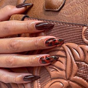 image:imageBABALAL Press On Nails Long Stiletto Fake Nails White Black Floral Print With Gold Charm Glossy Full Cover Glue On Nails For Women And Girls 24PcsANE02brown