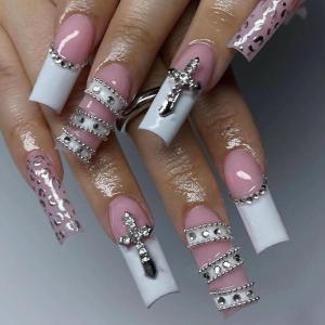 image:imageBABALAL Press on Nails  Long Stiletto Fake Nails Brown Cheetah French Tip Tortoise Flower Design 3D Handmade Acrylic Glue on Y2k Full Cover False nails with Rhinestone 24PcsANG204