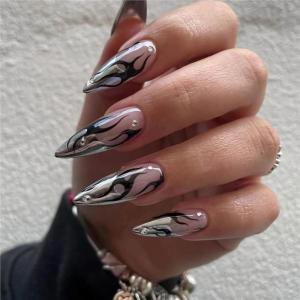 image:imageBABALAL Press on Nails  Long Stiletto Fake Nails Brown Cheetah French Tip Tortoise Flower Design 3D Handmade Acrylic Glue on Y2k Full Cover False nails with Rhinestone 24PcsANG20408