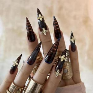 image:imageBABALAL Press on Nails  Long Stiletto Fake Nails Brown Cheetah French Tip Tortoise Flower Design 3D Handmade Acrylic Glue on Y2k Full Cover False nails with Rhinestone 24PcsANG20407