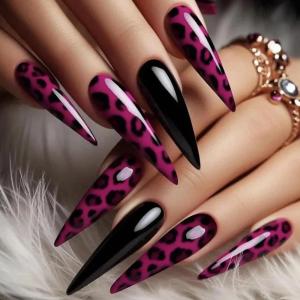 image:imageBABALAL Press on Nails  Long Stiletto Fake Nails Brown Cheetah French Tip Tortoise Flower Design 3D Handmade Acrylic Glue on Y2k Full Cover False nails with Rhinestone 24PcsANG20403