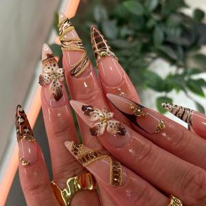 image:imageBABALAL Press on Nails  Long Stiletto Fake Nails Brown Cheetah French Tip Tortoise Flower Design 3D Handmade Acrylic Glue on Y2k Full Cover False nails with Rhinestone 24PcsANG20402