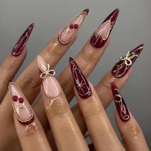 image:imageBABALAL Press on Nails  Long Stiletto Fake Nails Brown Cheetah French Tip Tortoise Flower Design 3D Handmade Acrylic Glue on Y2k Full Cover False nails with Rhinestone 24PcsANG20412