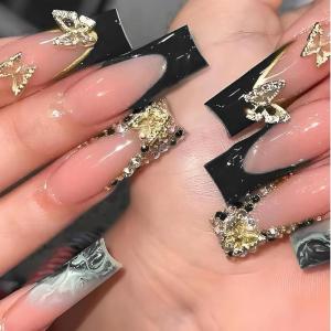 image:imageBABALAL Press on Nails  Long Stiletto Fake Nails Brown Cheetah French Tip Tortoise Flower Design 3D Handmade Acrylic Glue on Y2k Full Cover False nails with Rhinestone 24PcsANG215