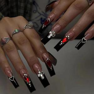 image:imageBABALAL Press on Nails  Long Stiletto Fake Nails Brown Cheetah French Tip Tortoise Flower Design 3D Handmade Acrylic Glue on Y2k Full Cover False nails with Rhinestone 24PcsANG201