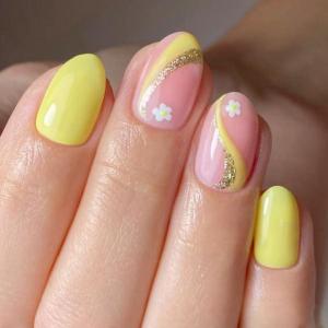 image:imageBABALAL Press on Nails Short Oval  Yellow Fake Nails Flower amp Sparkly Glitter Bling Swirl Design Summer Spring Full Cover Acrylic False Nails for Women GirlsBNO30301