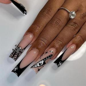 image:imageBABALAL Press on Nails Long Square Fake nails Brown Red Tortoise Fall Glue ons French Tip 3D Flower Handmade Supplies 24Pcs Ombre Full Cover Mancire False Nails for Women GirlsFNY04skull