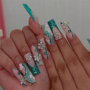 image:imageBABALAL Press on Nails Long Square Fake nails Brown Red Tortoise Fall Glue ons French Tip 3D Flower Handmade Supplies 24Pcs Ombre Full Cover Mancire False Nails for Women GirlsFNY12glitter