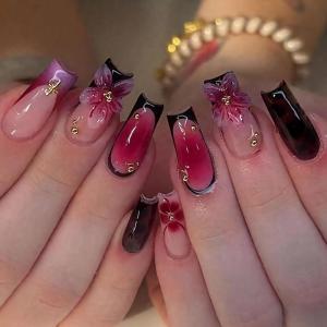 image:imageBABALAL Press on Nails Long Square Fake nails Brown Red Tortoise Fall Glue ons French Tip 3D Flower Handmade Supplies 24Pcs Ombre Full Cover Mancire False Nails for Women GirlsFNY04brownflo