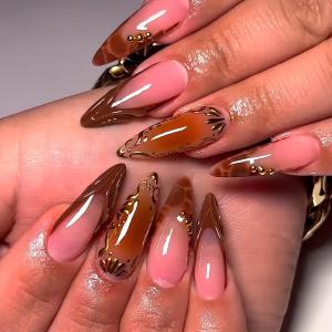 image:imageBABALAL Press on Nails Long Square Fake nails Brown Red Tortoise Fall Glue ons French Tip 3D Flower Handmade Supplies 24Pcs Ombre Full Cover Mancire False Nails for Women GirlsFNY03brown