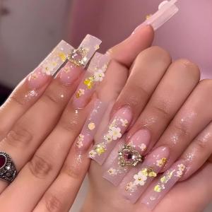 image:imageBABALAL Press on Nails Long Square Fake nails Brown Red Tortoise Fall Glue ons French Tip 3D Flower Handmade Supplies 24Pcs Ombre Full Cover Mancire False Nails for Women GirlsFNY21pink