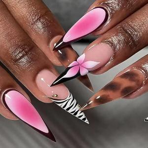 image:imageBABALAL Press on Nails Long Square Fake nails Brown Red Tortoise Fall Glue ons French Tip 3D Flower Handmade Supplies 24Pcs Ombre Full Cover Mancire False Nails for Women GirlsFNY03tortoise