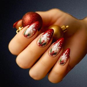 image:imageBABALAL Snowflake Press on Nails Short Square Fake Nails Blue Gradient Glue on Glitter Bling Design Winter New Year Christmas Acrylic 24Pcs Full Cover False Nails for Women Girls kidsBNxmas08