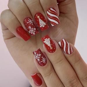image:imageBABALAL Snowflake Press on Nails Short Square Fake Nails Blue Gradient Glue on Glitter Bling Design Winter New Year Christmas Acrylic 24Pcs Full Cover False Nails for Women Girls kidsBNxmas04