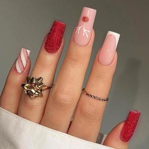 image:imageBABALAL Snowflake Press on Nails Short Square Fake Nails Blue Gradient Glue on Glitter Bling Design Winter New Year Christmas Acrylic 24Pcs Full Cover False Nails for Women Girls kidsBNxmas18