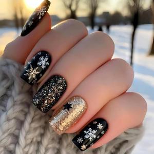 image:imageBABALAL Snowflake Press on Nails Short Square Fake Nails Blue Gradient Glue on Glitter Bling Design Winter New Year Christmas Acrylic 24Pcs Full Cover False Nails for Women Girls kidsBNxmas17